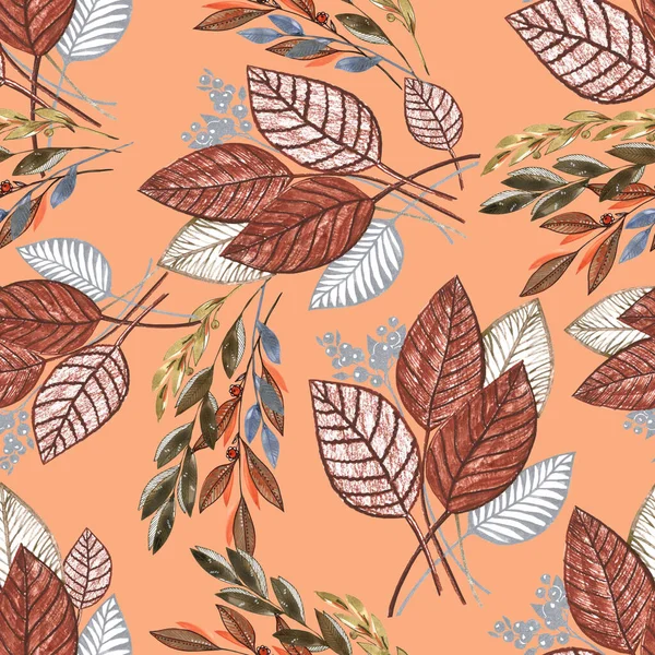 Garden autumn leaves  painting in watercolor. Seamless pattern on orange background for decor.