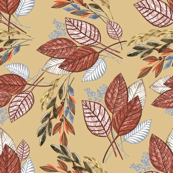 Garden autumn leaves  painting in watercolor. Seamless pattern on beige background for decor.