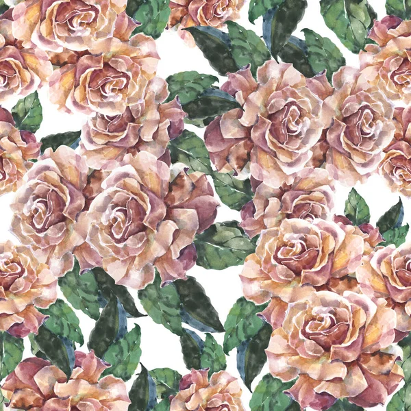 Garden roses with leaves painting in watercolor. Seamless pattern with bouquet flowers on white background for decor.