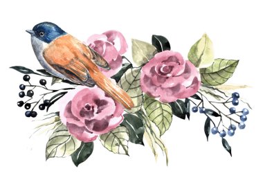 Watercolor small bird on bouquet of flowers. Illustration handmade on white background.