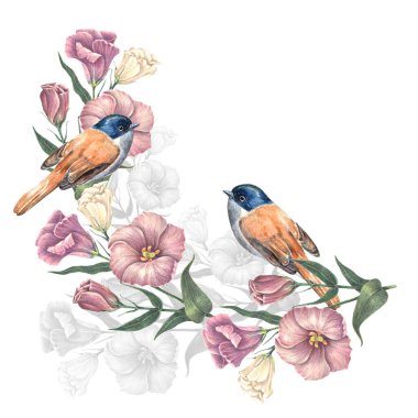 Watercolor small bird with flowers. Handmade corner on white background.