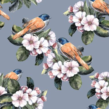 Watercolor small bird on branch blossoming of tree. Floral spring seamless pattern on gray background.