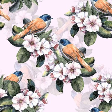Watercolor small bird on branch blossoming of tree. Floral spring seamless pattern on pink background.