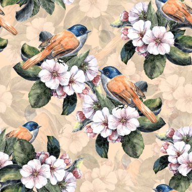 Watercolor small bird on branch blossoming of tree. Floral spring seamless pattern on cream background.