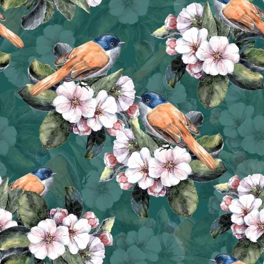 Watercolor small bird on branch blossoming of tree. Floral spring seamless pattern on green background.