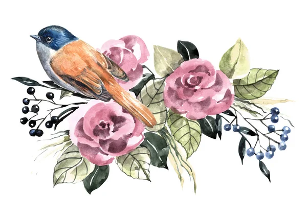 Watercolor small bird on bouquet of flowers. Illustration handmade on white background.