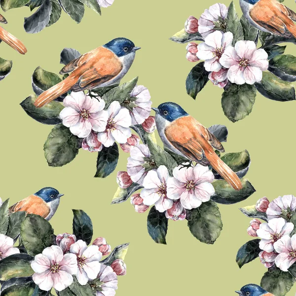 Watercolor small bird on branch blossoming of tree. Floral spring seamless pattern on green background.