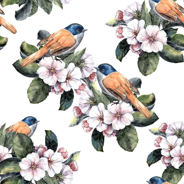 Watercolor small bird on branch blossoming of tree. Floral spring seamless pattern on white background.