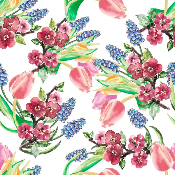 Spring bouquet of flowers painting in watercolor. Floral seamless pattern on white background.
