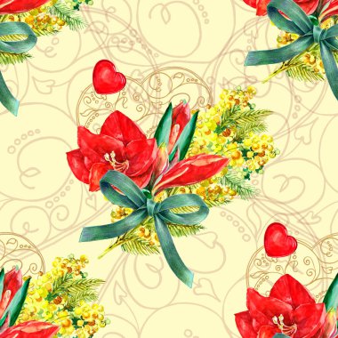 Spring bouquet of flowers with ribbon and lace heart painting in watercolor. Holiday seamless pattern on cream background. 