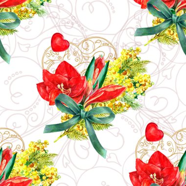 Spring bouquet of flowers with ribbon and lace heart painting in watercolor. Holiday seamless pattern on white background. 