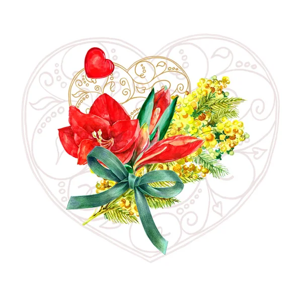 Spring bouquet of flowers with ribbon and lace heart painting in watercolor. Holiday illustration on white background.