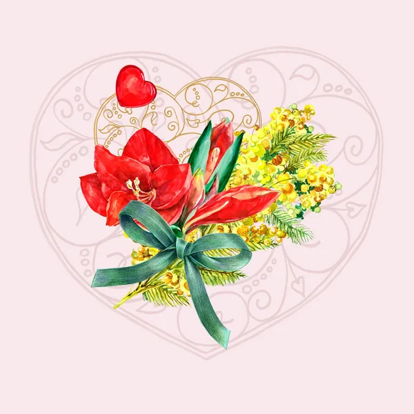 Spring bouquet of flowers with ribbon and lace heart painting in watercolor. Holiday illustration on pink background.