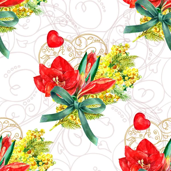 Spring bouquet of flowers with ribbon and lace heart painting in watercolor. Holiday seamless pattern on white background.