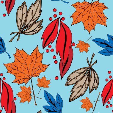Autumn garden leaves. Vector seamless pattern on blue background. 