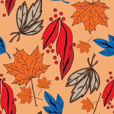 Autumn garden leaves. Vector seamless pattern on orange background. 