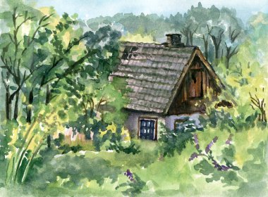 Watercolor illustration of a beautiful house with a field of trees.