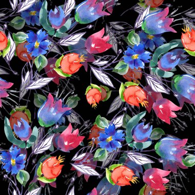 Watercolor seamless pattern with spring flowers tulip.