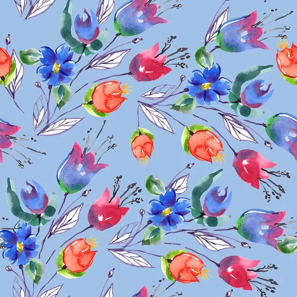 春の花と水彩シームレスパターン青の背景にチューリップ — ストック写真
