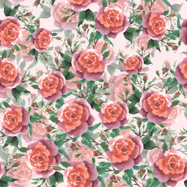 Watercolor Pink Roses Bud Leaves Hand Drawn Seamless Pattern Fabric — Stock Photo, Image