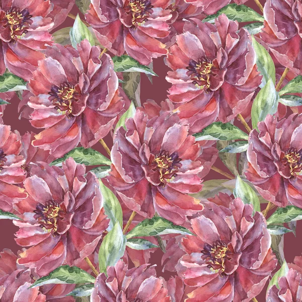 Watercolor Seamless Pattern Peony Leaves Red Background — Stockfoto