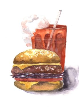 Fast food, elle çizilmiş resimler. Beyaz zemin üzerinde kırmızı cam olan suluboya hamburger.