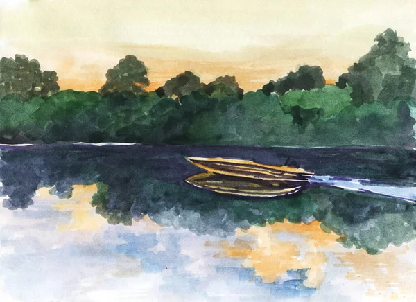 美丽的江景与船的水彩画 — 图库照片