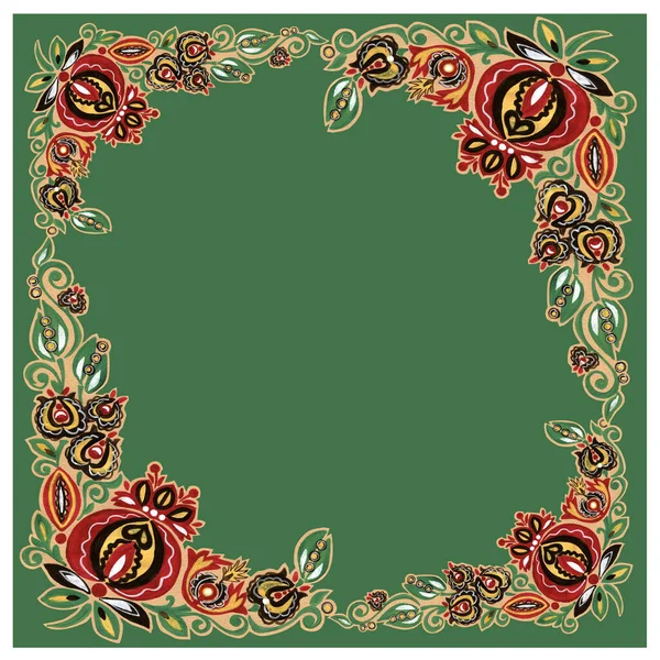Декоративна Рамка Квітковим Орнаментом Народна Ілюстрація Зеленому Фоні — стокове фото