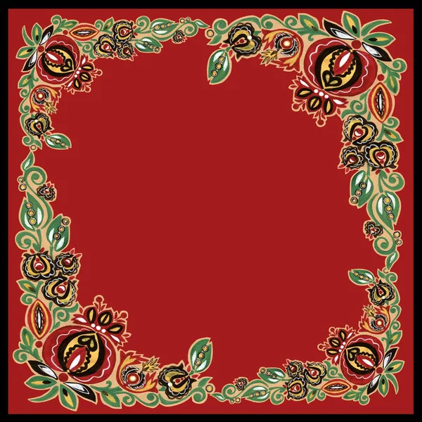 花の装飾が施された装飾フレーム 赤を基調とした民俗図 — ストック写真