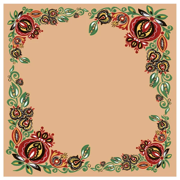 Dekorativer Rahmen Mit Floralem Ornament Folk Illustration Auf Beigem Hintergrund — Stockfoto