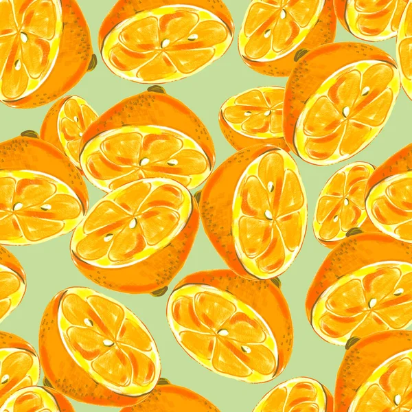 緑の背景に隔離された水彩オレンジレモン 包装紙のシームレスなパターン — ストック写真