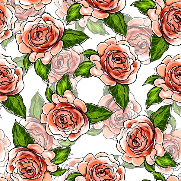 Ilustracja Ręcznie Rysowany Szkic Róża Liść Biały Tło Kwiatowy Bezszwowy — Zdjęcie stockowe