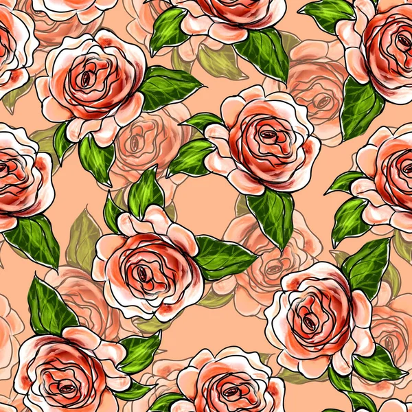 Illustration Hand Drawn Sketch Rose Leaves Orange Background Floral Seamless — Stock Photo, Image