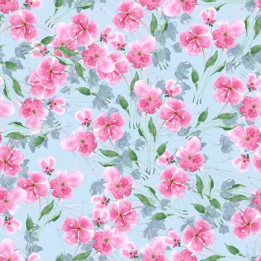 Güzel suluboya el pembe bahar çiçekleri çizdi. Mavi arka planda çiçeksiz desen.