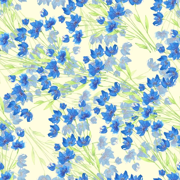 Campo Acuarela Flores Azules Florecen Sobre Fondo Crema Patrón Sin —  Fotos de Stock