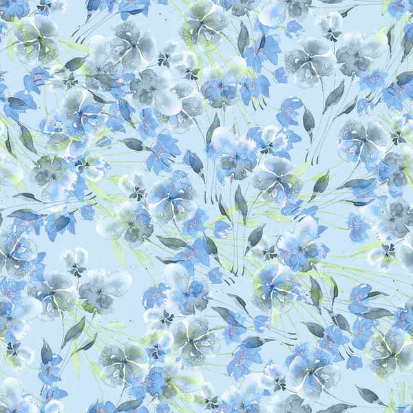 Floral Απρόσκοπτη Μοτίβο Λουλούδια Ακουαρέλα Και Φύλλα Μπλε Φόντο — Φωτογραφία Αρχείου