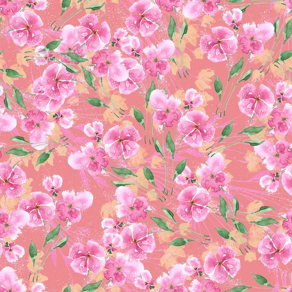 Όμορφο Χέρι Ακουαρέλα Επέστησε Άνοιξη Ροζ Λουλούδια Floral Απρόσκοπτη Μοτίβο — Φωτογραφία Αρχείου