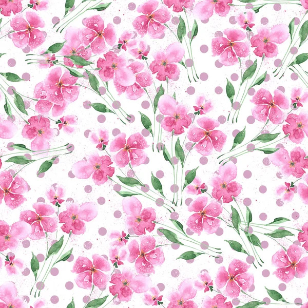 Акварель Бесшовный Узор Розовыми Цветами Листьями Белом Пятнистом Фоне — стоковое фото