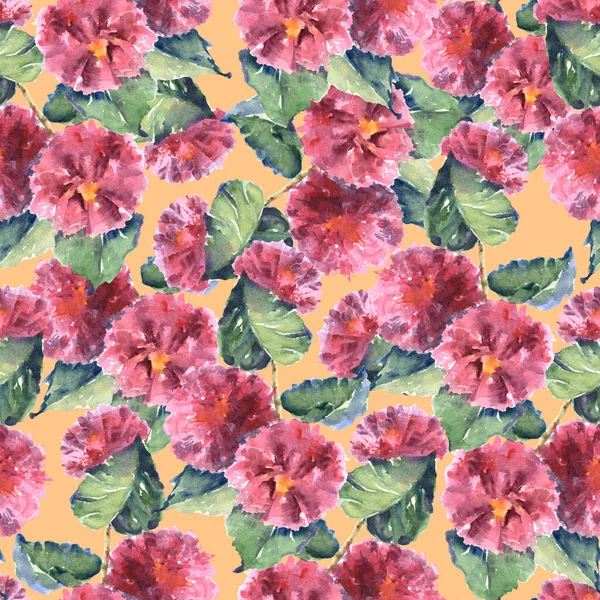 Watercolor Pink Flowers Blossom Orange Background Floral Spring Seamless Pattern — Stock Photo, Image