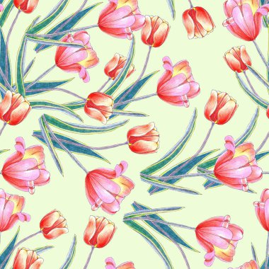 Watercolor seamless pattern with hand drawn flowers tulip on green background.