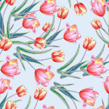 Elle çizilmiş çiçeklerle sulu boya deseni mavi arka planda lale.