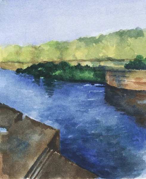 森林的河流的手绘图解 水彩画为您的项目 — 图库照片