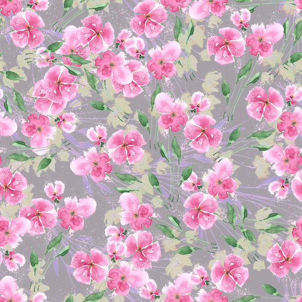 手描きの春のピンクの花と水彩シームレスパターングレーの背景 — ストック写真