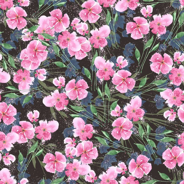 Υδατογραφία Αδιάλειπτη Μοτίβο Ζωγραφισμένα Στο Χέρι Άνοιξη Ροζ Λουλούδια Μαύρο — Φωτογραφία Αρχείου