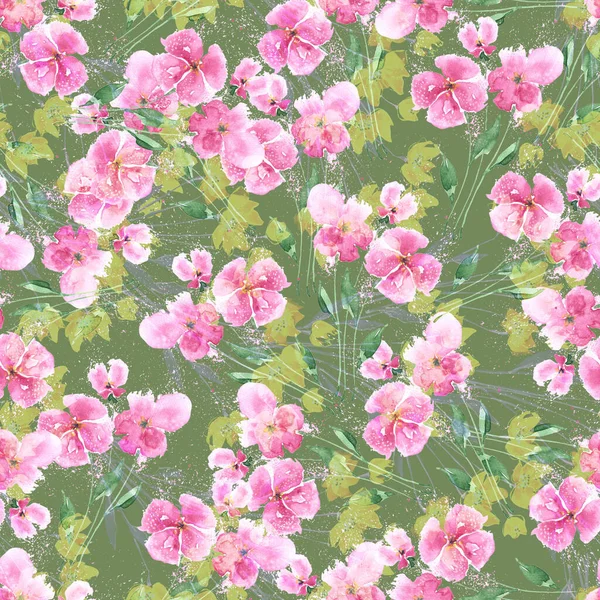 Akvarel Bezešvný Vzor Ručně Kreslené Jarní Růžové Květy Zeleném Pozadí — Stock fotografie