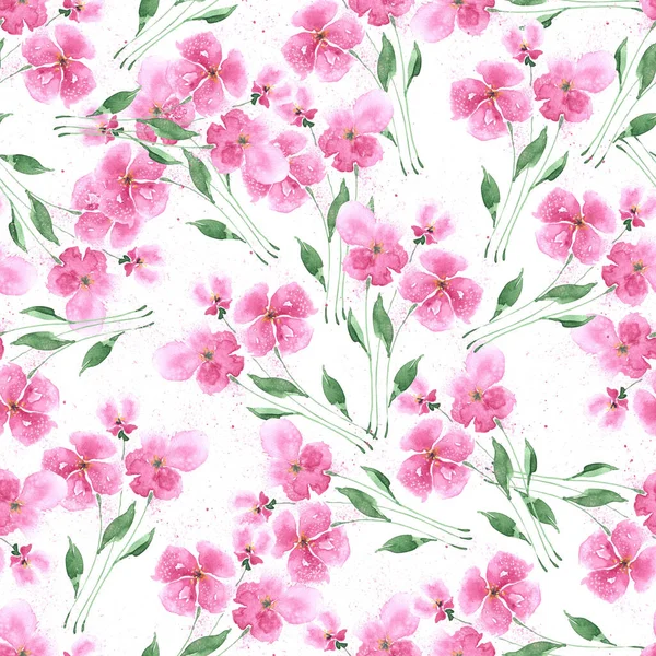 Akwarela Bezszwowy Wzór Ręcznie Rysowane Wiosna Różowe Kwiaty Białym Tle — Zdjęcie stockowe
