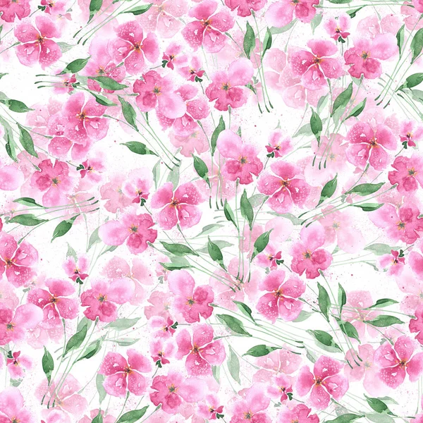 Υδατογραφία Αδιάλειπτη Μοτίβο Ζωγραφισμένα Στο Χέρι Άνοιξη Ροζ Λουλούδια Λευκό — Φωτογραφία Αρχείου