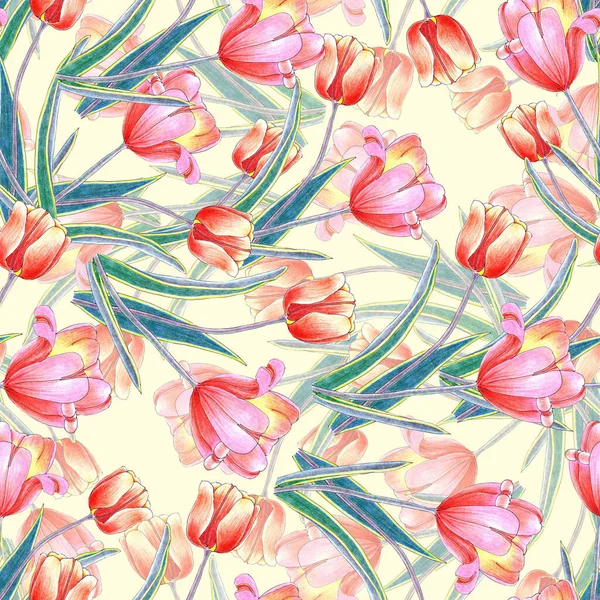 Весенний Бесшовный Узор Цветочным Тюльпаном Рисунок Акварелью — стоковое фото