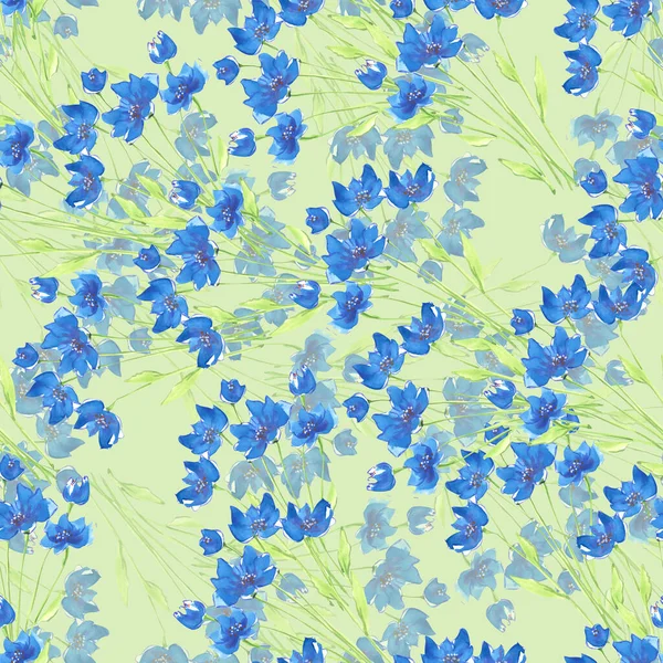 Χειροποίητο Floral Σχέδιο Χωρίς Ραφή Ακουαρέλα Μπλε Λουλούδια Πράσινο Φόντο — Φωτογραφία Αρχείου