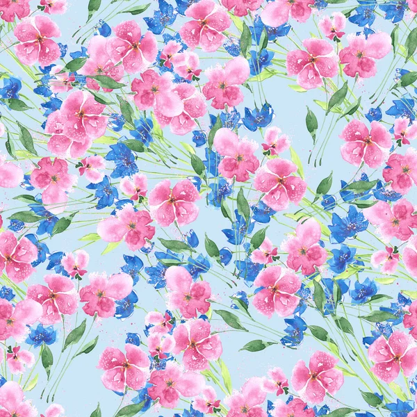 Hermoso Patrón Sin Costuras Acuarela Con Flores Rosadas Azules —  Fotos de Stock